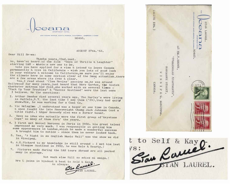 Stan Laurel Letter Signed With His Full Name -- Laurel Muses on Hollywood & Helping Marcel Marceau Get a Foothold in His Career